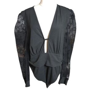 SHEIN Curve Black Low Cut Lace Sleeve Butterfly Bodysuit Plus Size